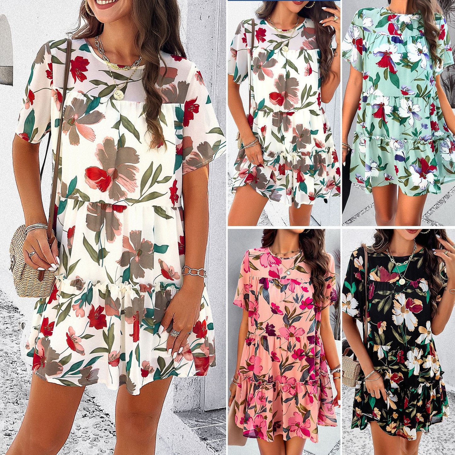 Vestido de manga corta con estampado floral festivo para mujer