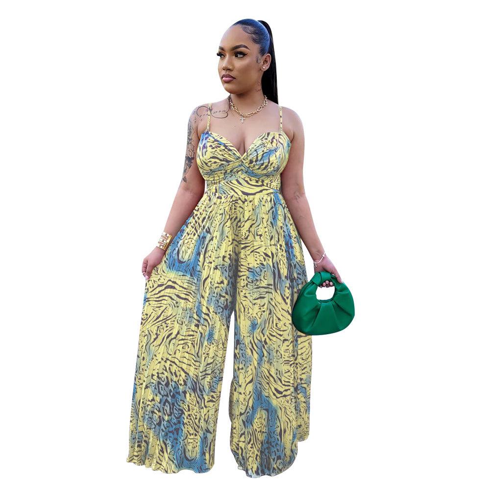 Women Wear Floral Print Sling Pleated Jumpsuit