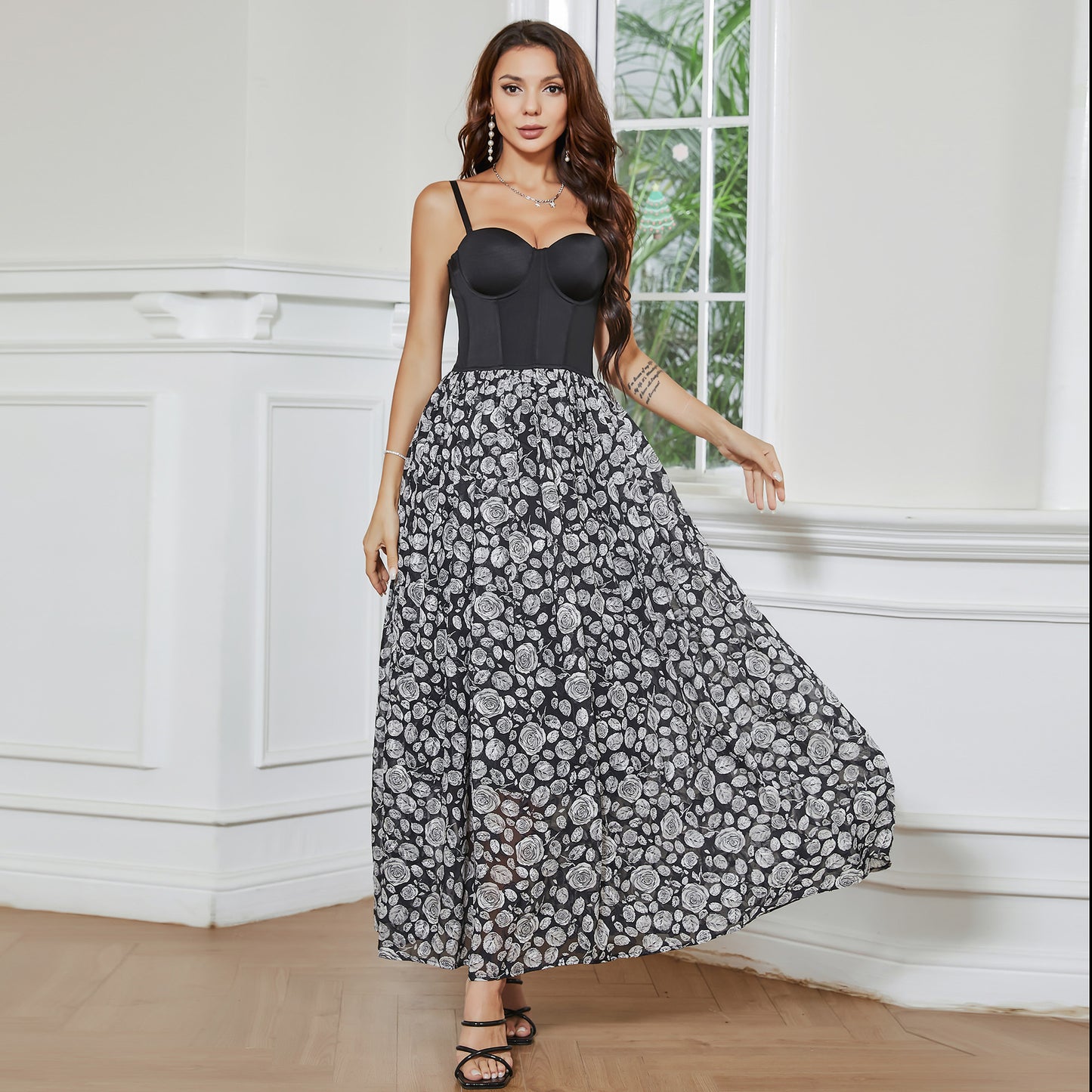 Robe Corset désossage à bretelles douce et élégante, en mousseline de soie noire, imprimé Floral Rose blanc, robe de beauté au dos