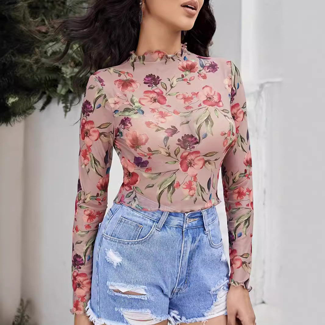 Autumn Winter Elegant Mesh Floral Print Fungus Long Sleeve T Shirt Slimming Top Women