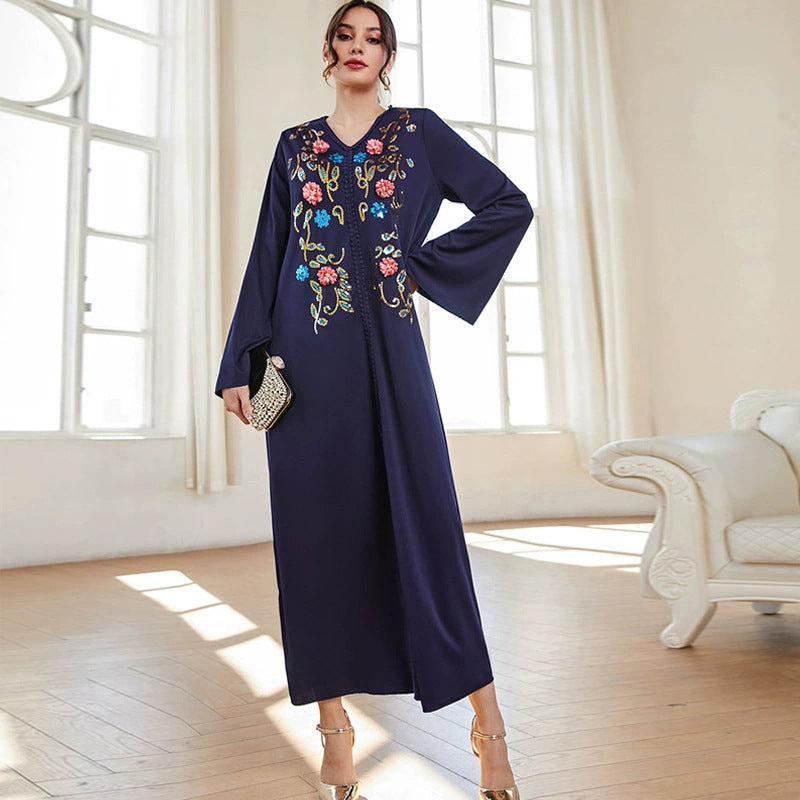 Robe de soirée bleue d'automne Abaya Robe de soirée brodée à col en V