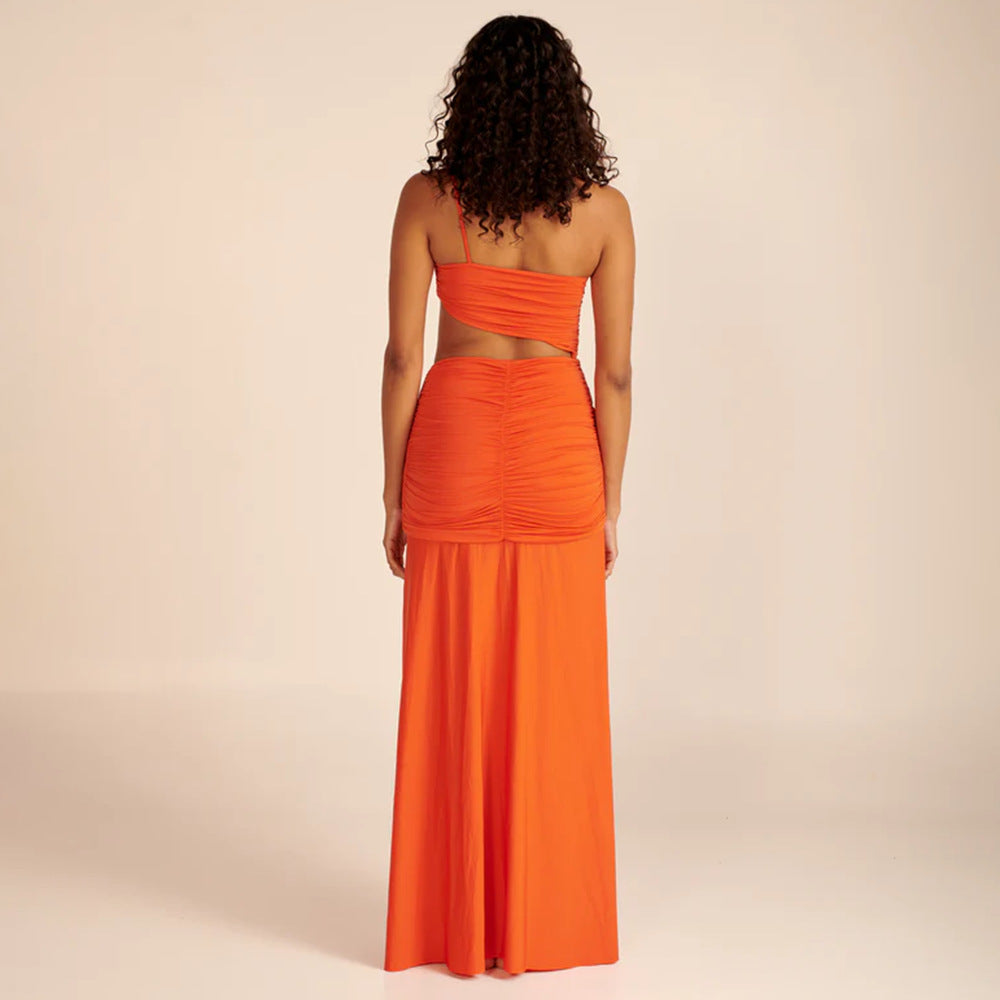 Robe plissée Orange à une épaule, décoration florale, fendue, vêtements pour femmes, automne