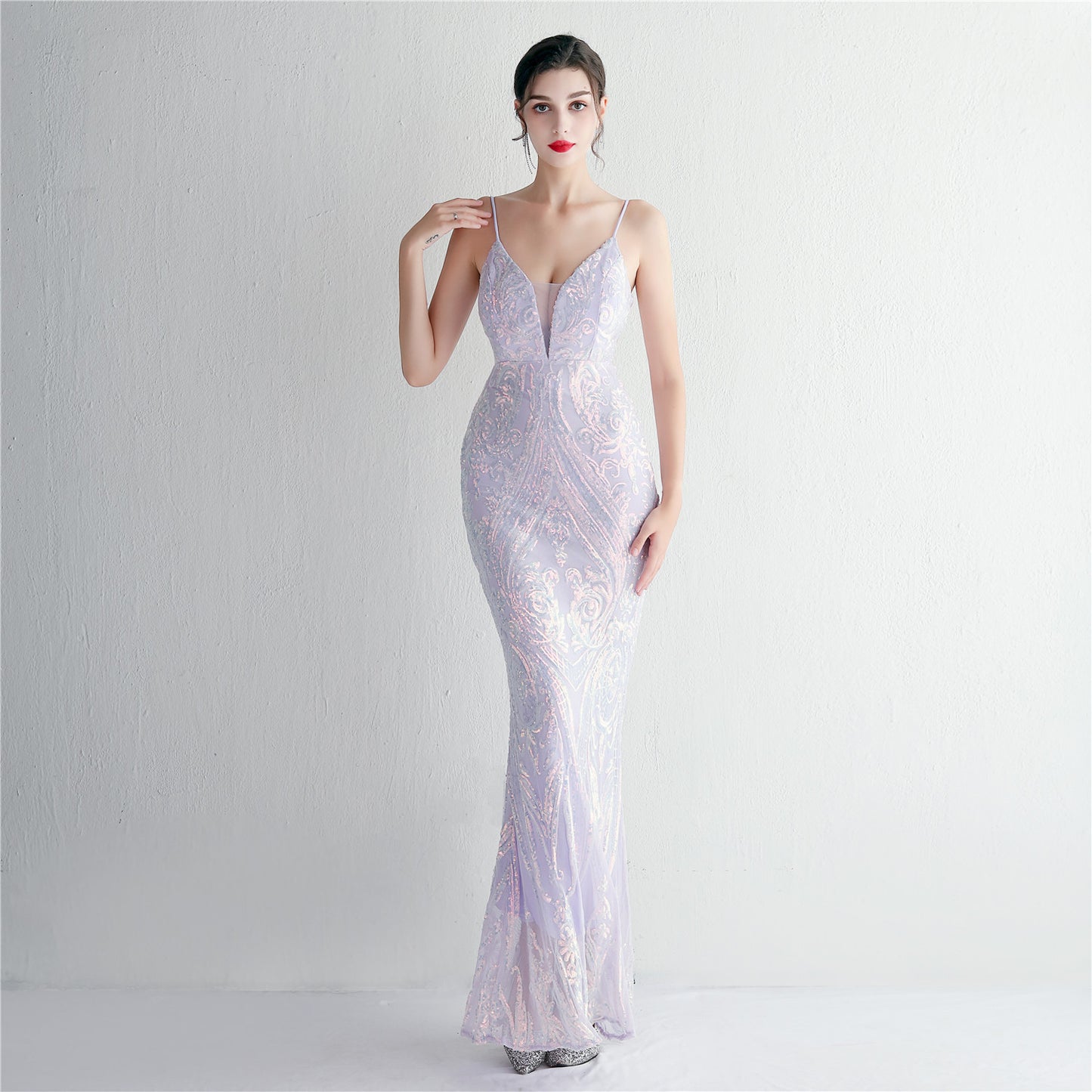 High Density Three Dimensional Strong Sequin Positioning Floral Dress Long Cocktail Slim Fit Evening Dress Elegant