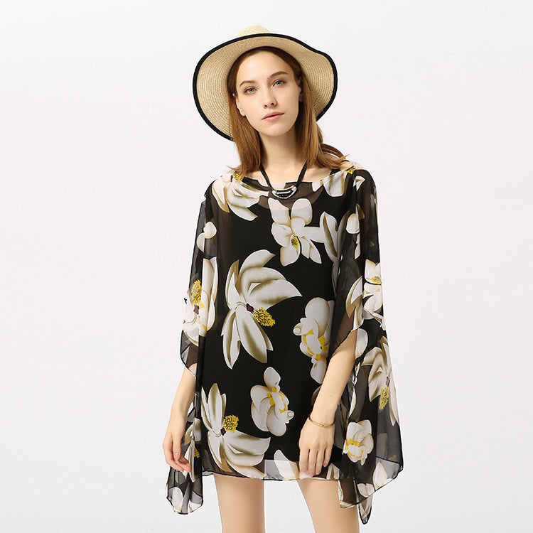 Chiffon Shirt Thin Type Sunscreen All Match Loose Printed Floral Tassel Beachwear Beach Cover Up Pullover