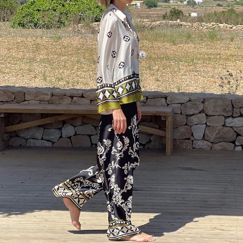 Women Vacation Casual Printed Loose Lapels Shirt Trousers Two Piece Set