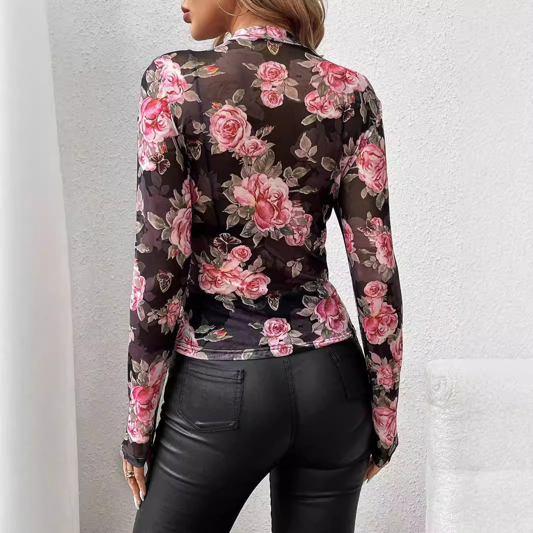 Autumn Winter Elegant Rose Floral Print Small Stand Collar Gauze Slim Top Women Clothing