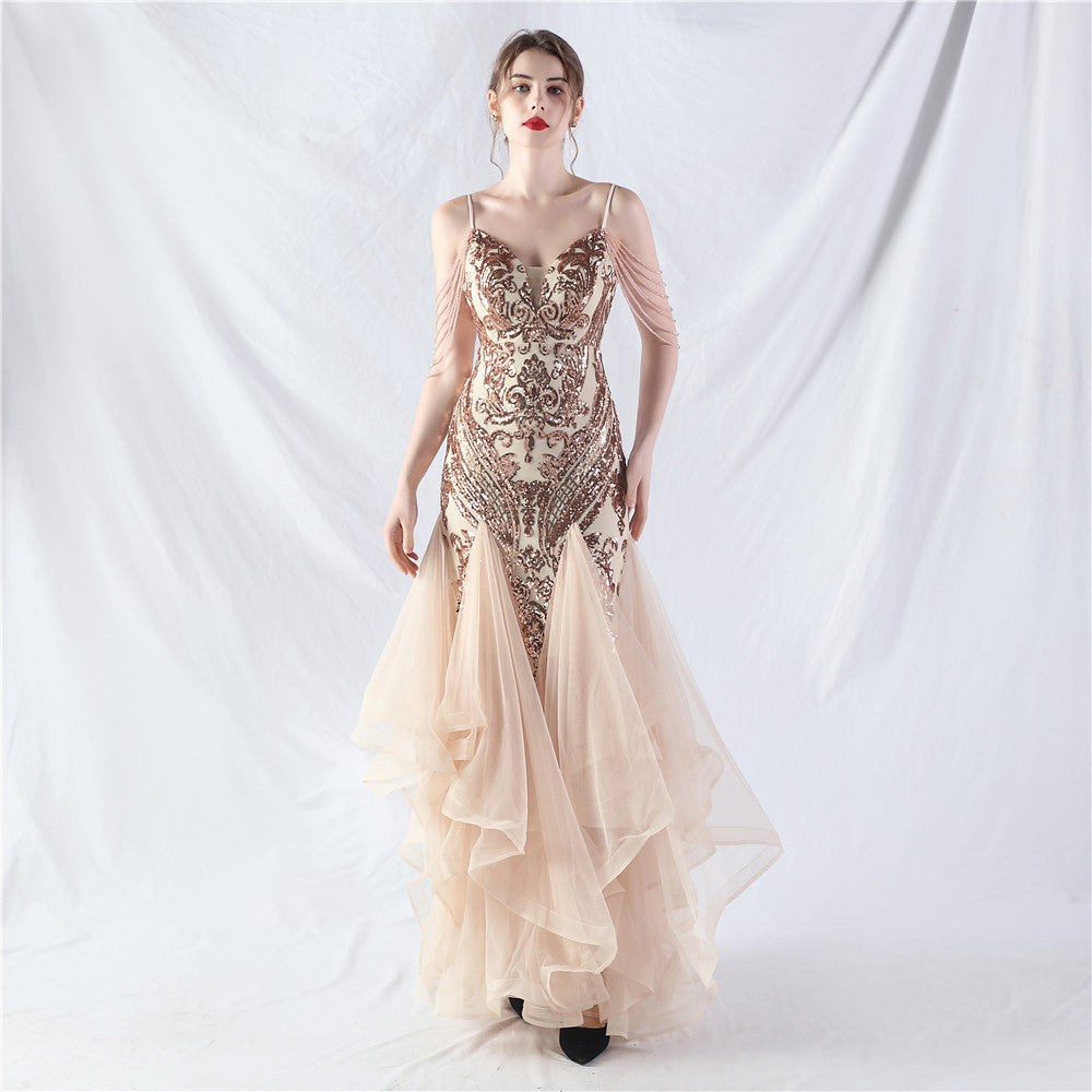 Craft Beads Hard Net Positioning Floral Sequin Stitching Mesh Dance Celebration Performance Dress