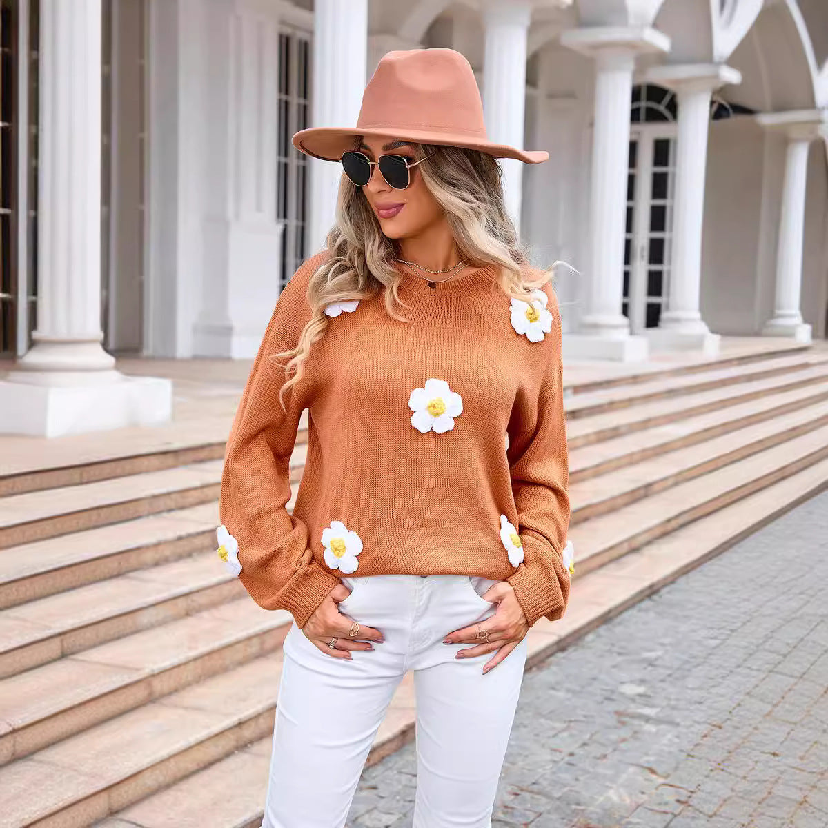 Autumn Winter Women Pullover Floral Sweater Round Neck Long Sleeve Sweater Women