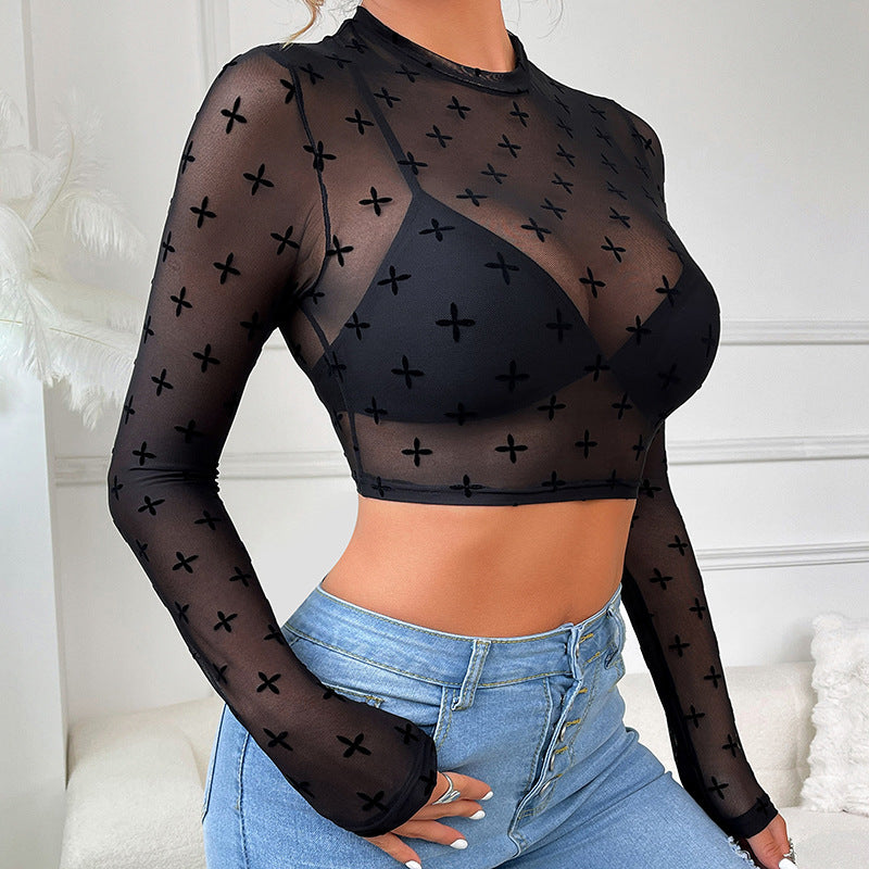 Haut à manches longues sexy en maille transparente et coupe slim