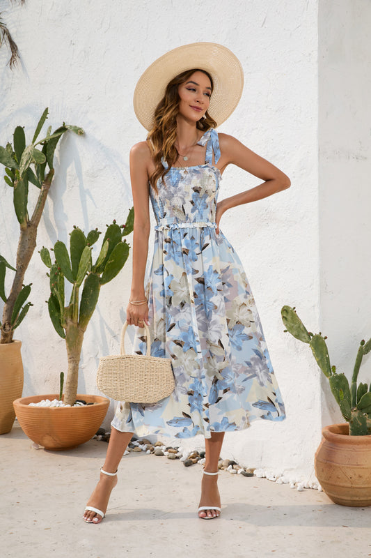 Robe à imprimé floral, robe d'été à smocks, tenue décontractée pour les vacances et les voyages