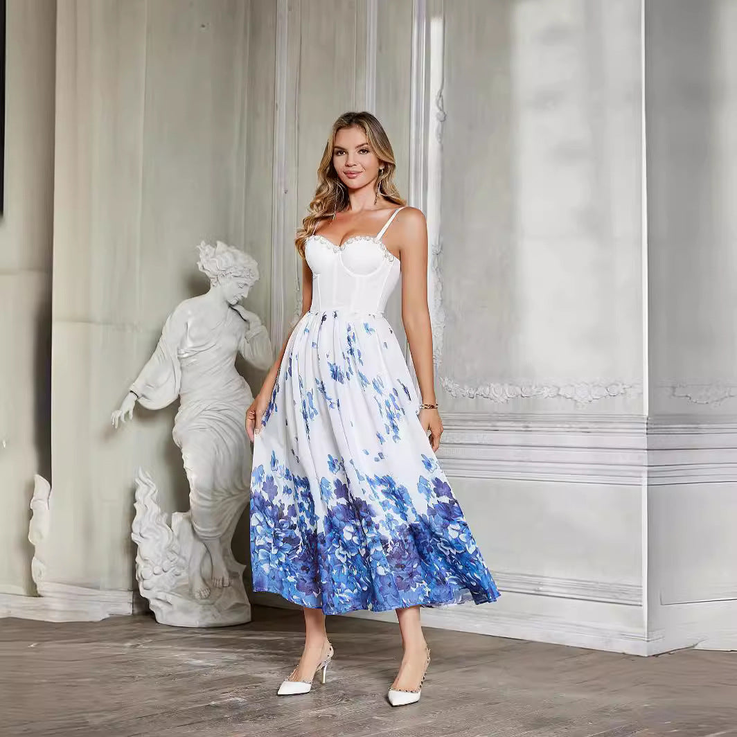 Robe française en mousseline de soie, Corset à désossage, en trois dimensions, Rose blanche, chaîne désossage, dégradé bleu, imprimé Floral, en mousseline de soie