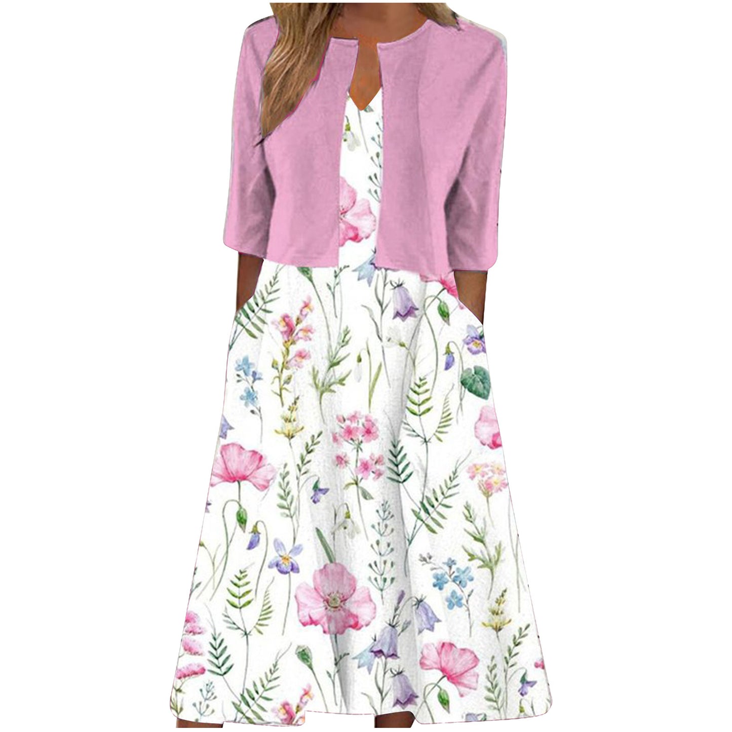 Style ethnique élégant imprimé floral gilet robe cardigan ensemble deux pièces