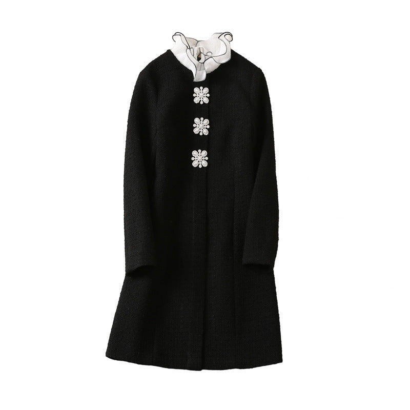 Detachable Fluted Collar Pearl Brooch Slim Long Sleeve Dress