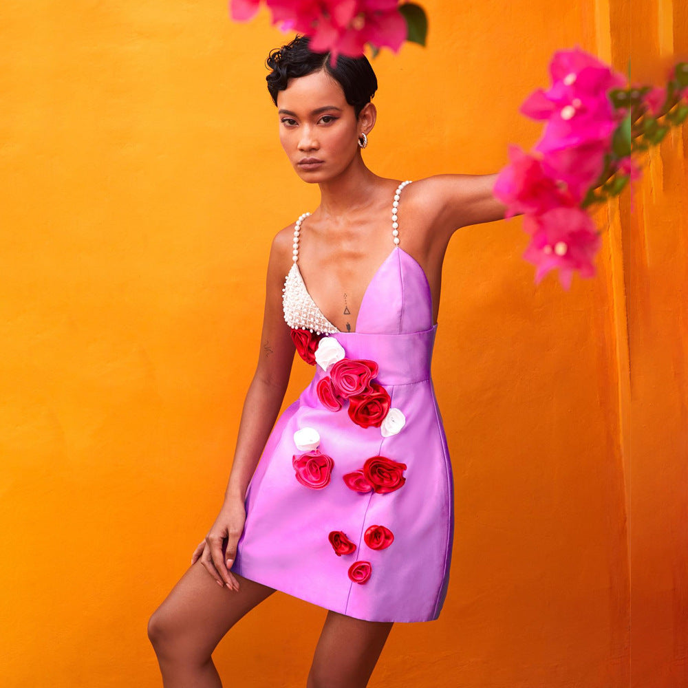 Robe une pièce à bandes florales amincissantes, bretelles perlées, Sexy, courte, pour femmes, automne et hiver