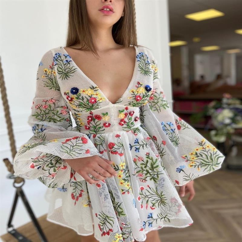 Summer Women Clothing Mesh Embroidered Design Lantern Sleeve Fairy Dress Birthday Party Dress