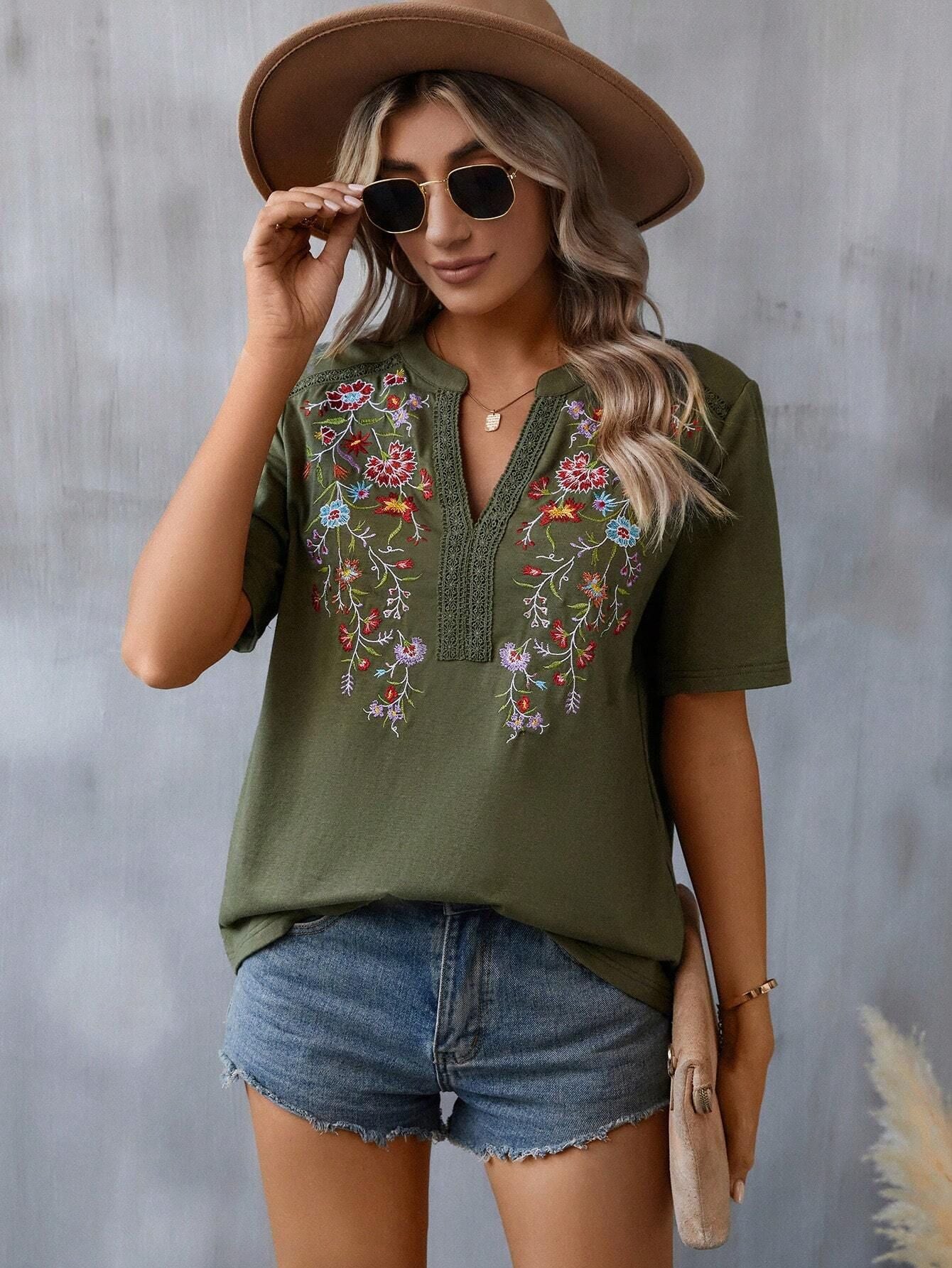 Summer Ten Thousand Needles Embroidery Stitching Lace Lace Collared Blouse Women