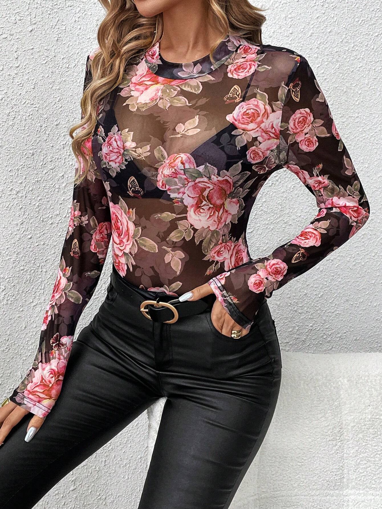 Autumn Winter Elegant Rose Floral Print Small Stand Collar Gauze Slim Top Women Clothing