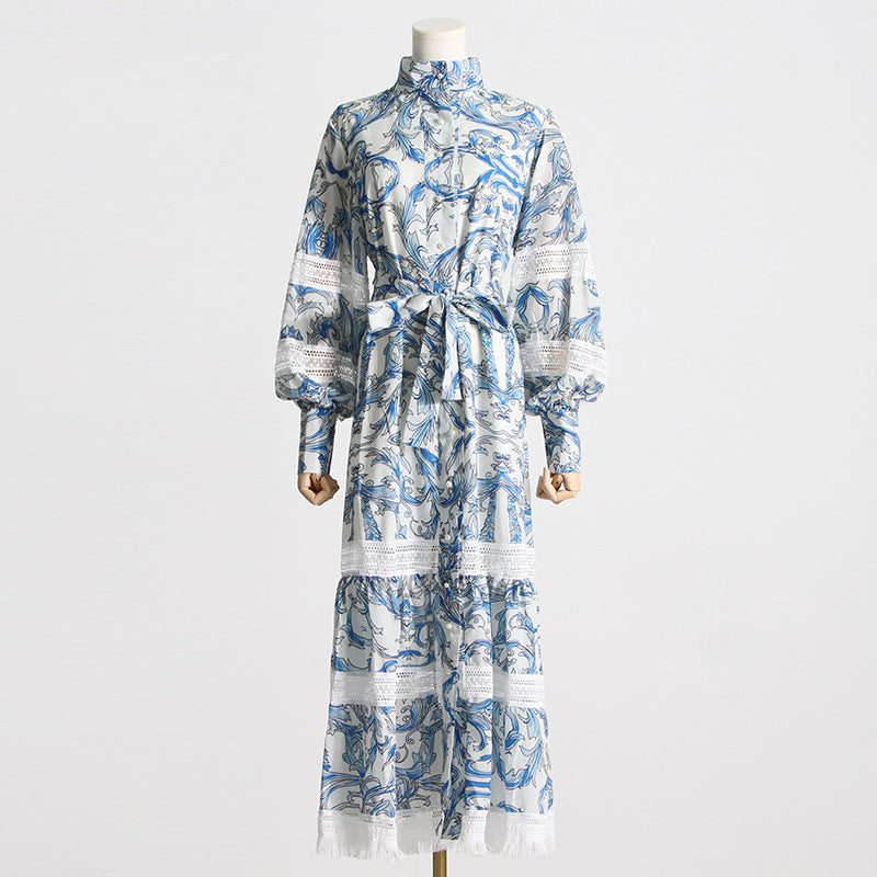 Robe française rétro bleue imprimée, col montant, manches longues, taille à lacets, amincissante, Maxi, printemps