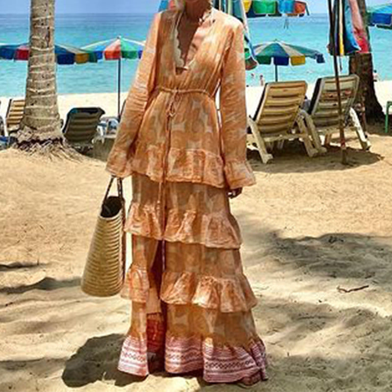 Vestido playero bohemio con estampado floral de otoño para mujer, largo medio