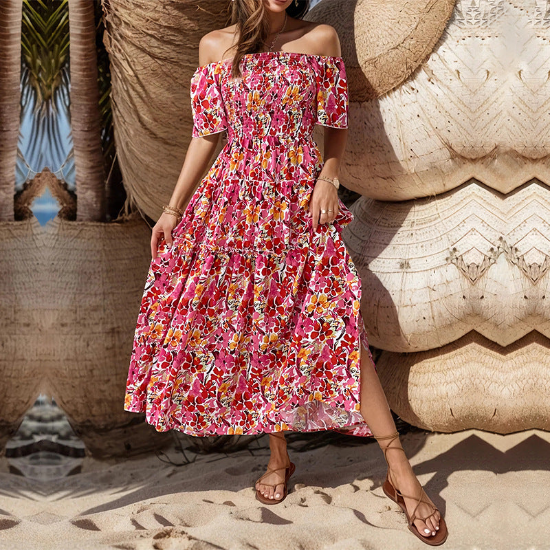 Summer Women Clothing Vacation off-Shoulder Printed Dress