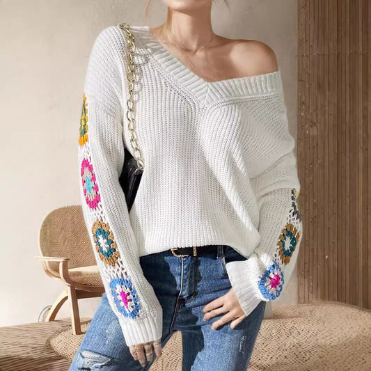 Pull brodé au crochet pour femme, col en V profond, épaules dénudées, tricoté, bras, automne hiver