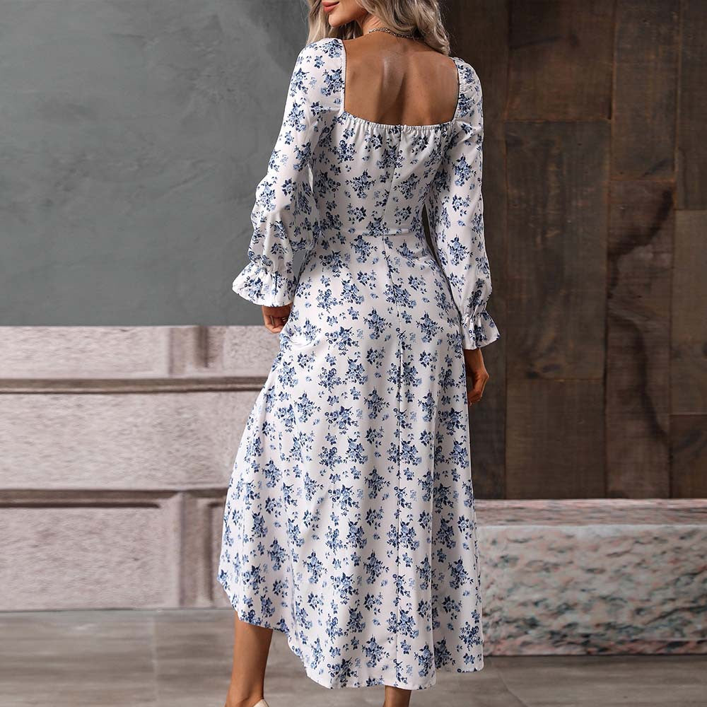 Robe florale à col carré pour femme, tenue élégante, taille haute, automne et hiver