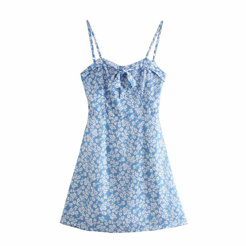 Women Summer Floral Print Bow Strap Mini Dress