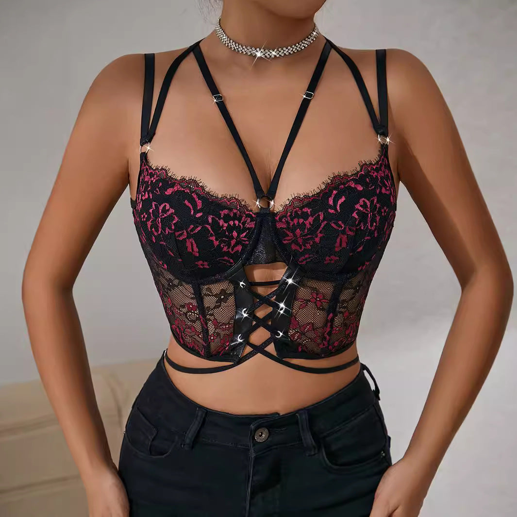 Bra Sexy See Through Diamond Wrapped Chest Steel Ring Boning Corset Small Vest Sexy Lace Top