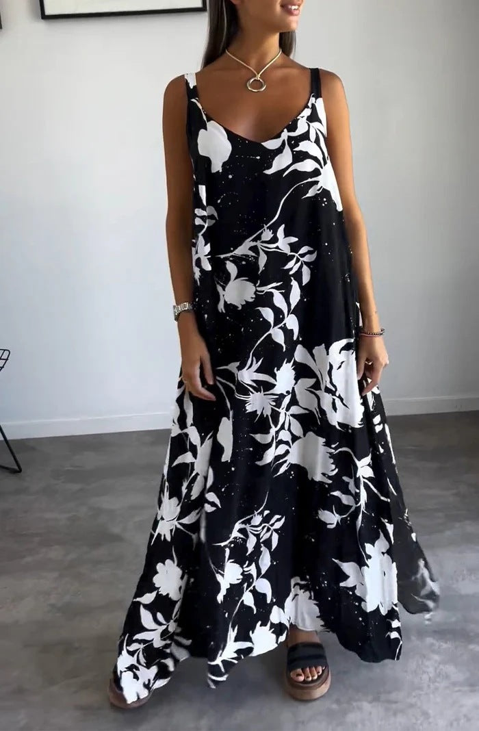 Vacation Dress Summer Printed Sling Backless V neck Dress