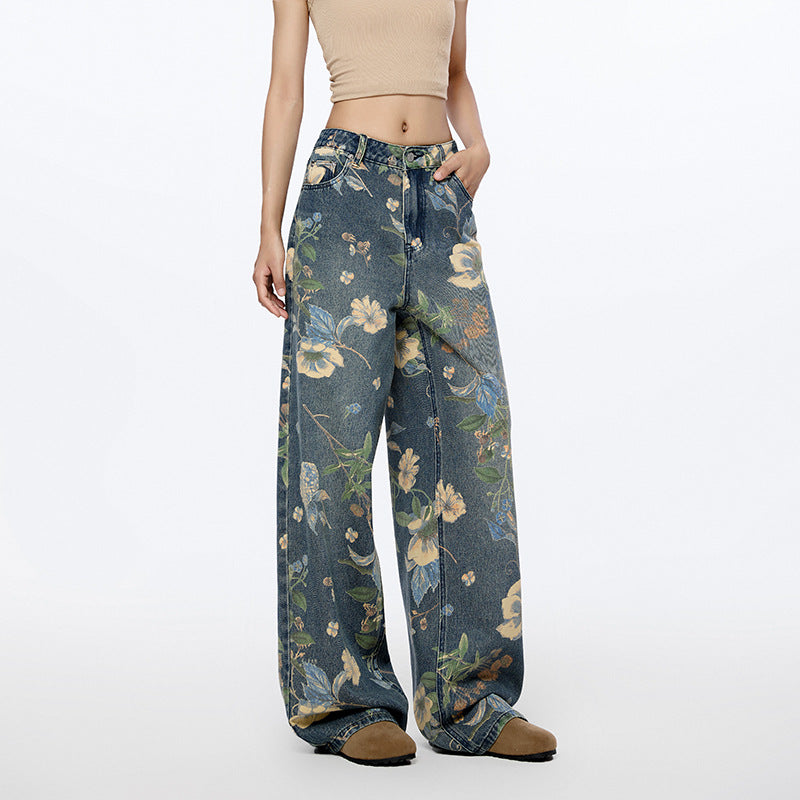 Pantalones vaqueros de pierna ancha con estampado floral de High Street para mujer, holgados, de nueve puntos, con una boca y dos piernas