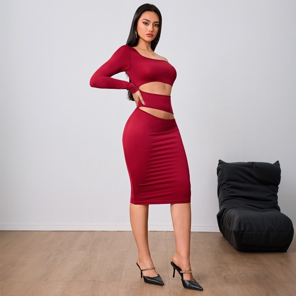 Vestido de mujer color vino tinto estilo socialité para otoño e invierno, vestido midi de manga de un solo lado