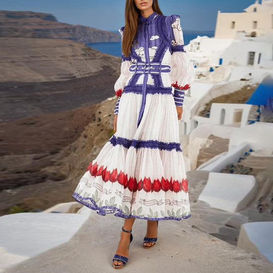 Vestido de verano para mujer, vestido largo morado con estampado de manga farol y botonadura sencilla y manga larga para mujer