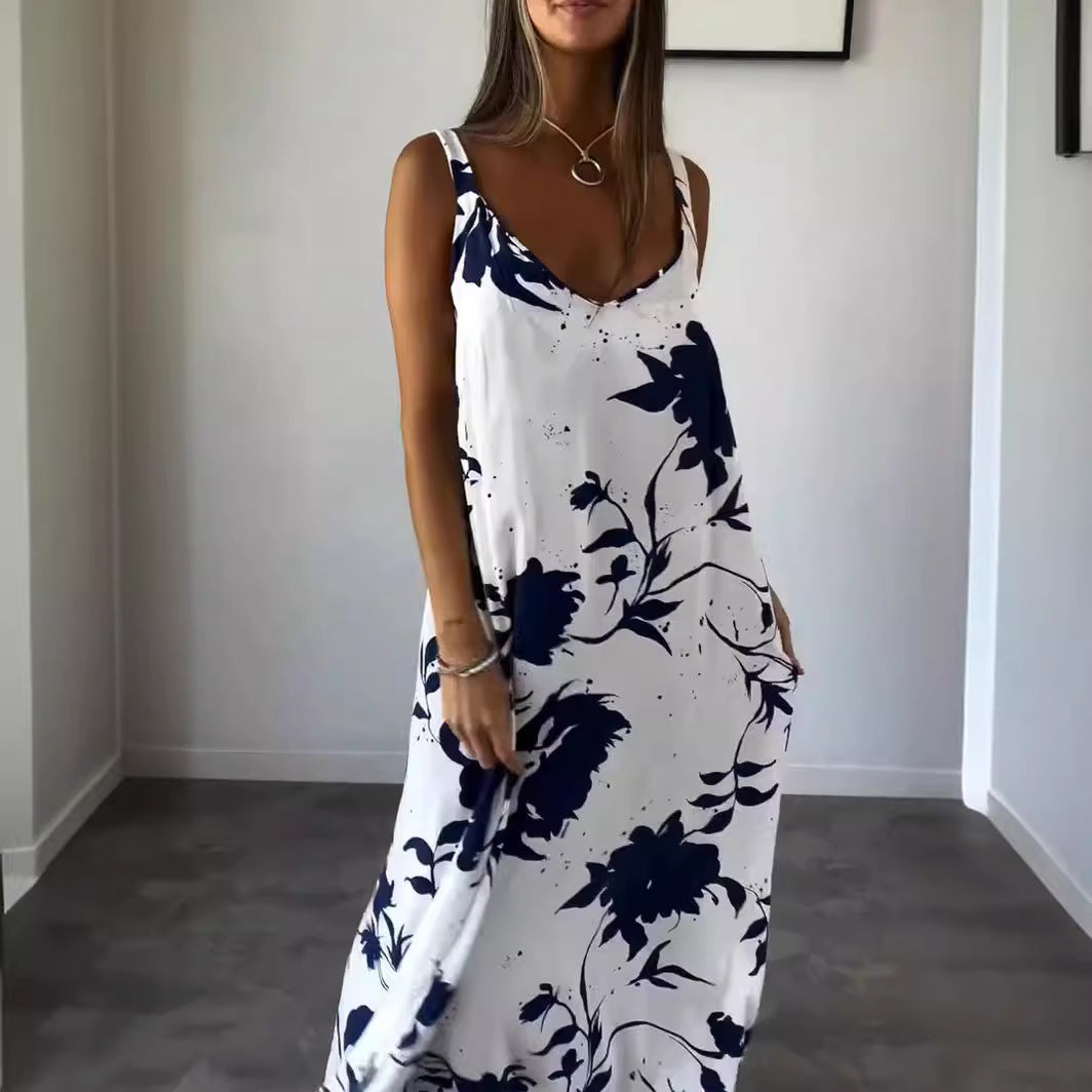 Vacation Dress Summer Printed Sling Backless V neck Dress