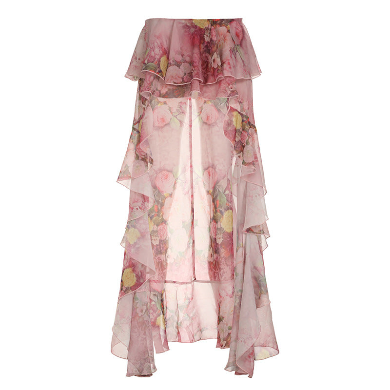 Robe de vacances d'été à imprimé floral, double couche, jupe à volants asymétrique irrégulière