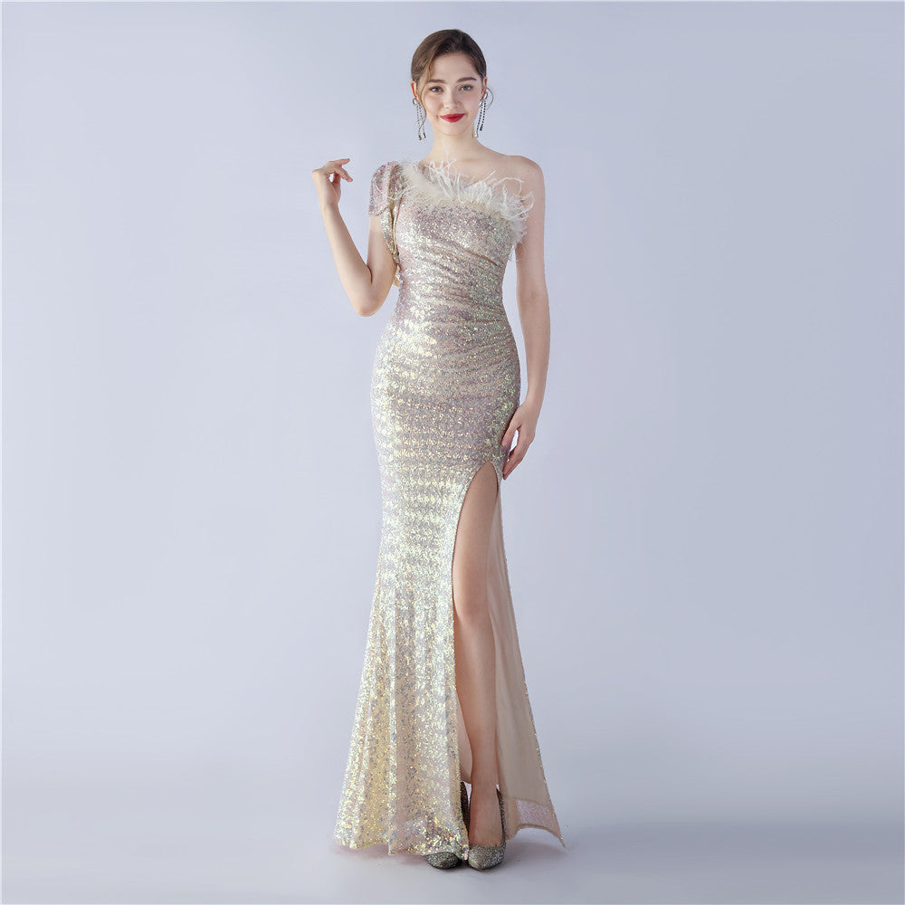 Craft Floral plus Ostrich Feather High End Sequined One Shoulder Evening Dress