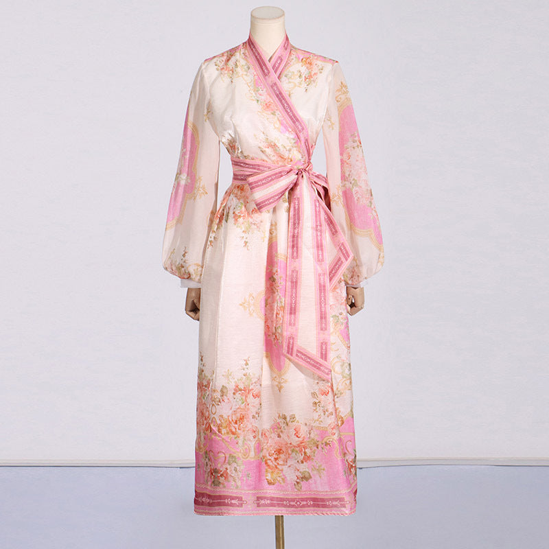 Robe Maxi à lacets, imprimé artistique rétro, manches bouffantes, taille amincissante, pour femmes