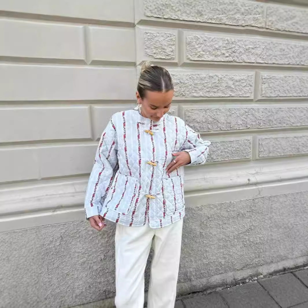 Veste matelassée en coton à boucle en bois pour femme avec rayures verticales douces pour l'automne et l'hiver