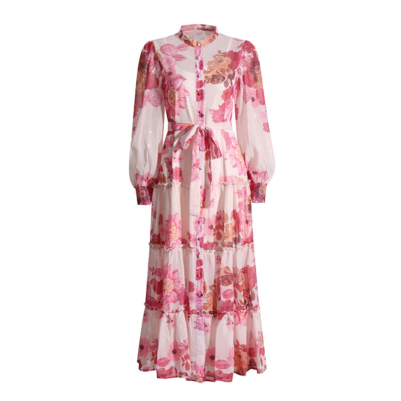 Chiffon Dress Spring Design Print Lace up Maxi Dress for Women