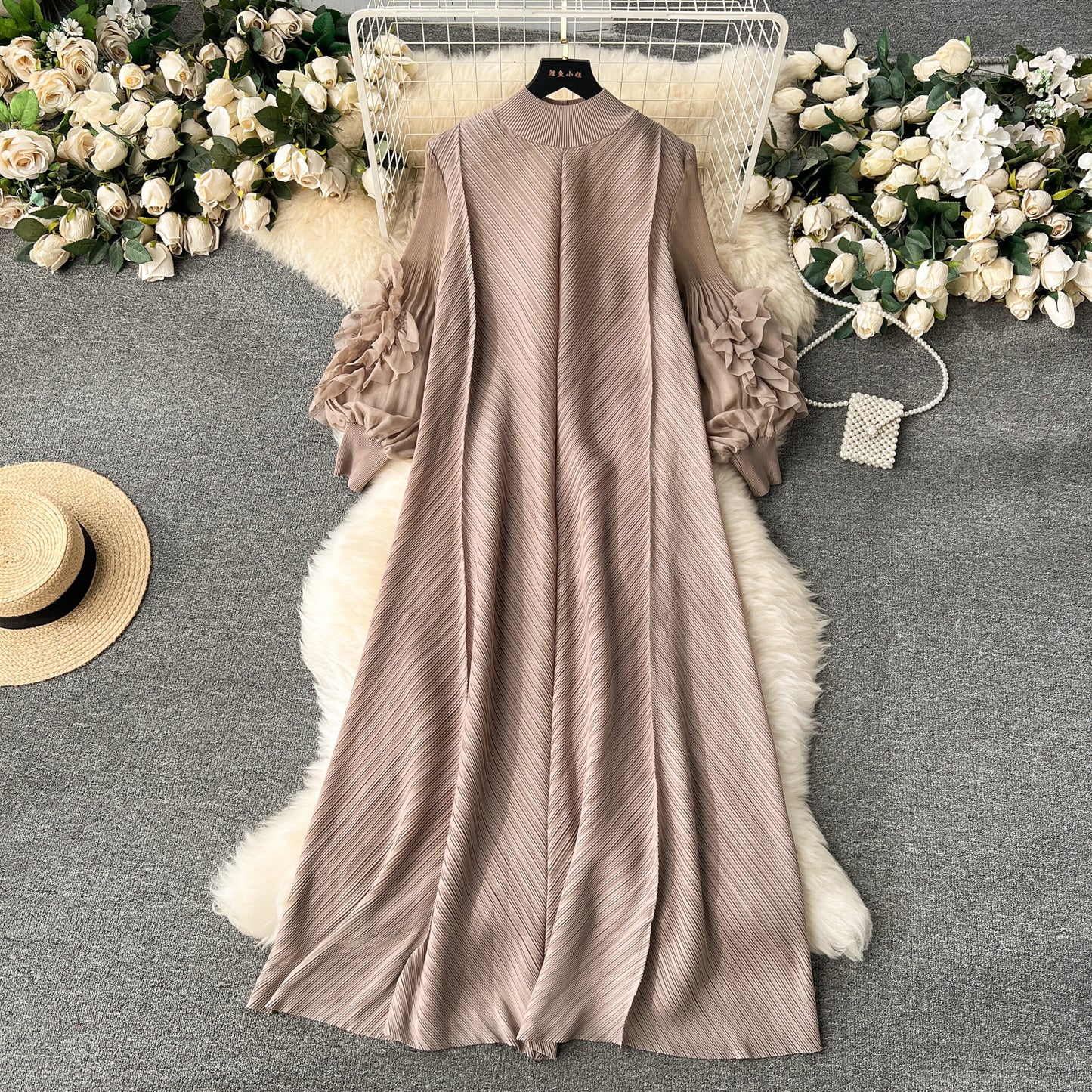 Lightly Mature Three-dimensional Flower Loose Slimming Draping Effect Age-reducing Dress