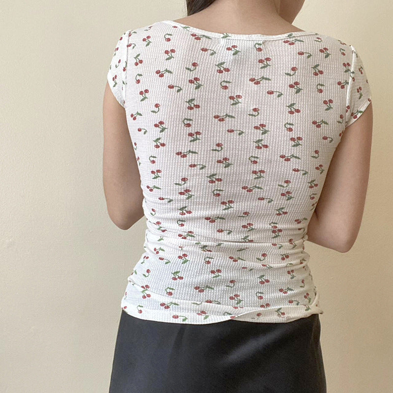 T-shirt d'été à col carré avec coutures en dentelle florale de cerisier pastorale mignonne pour fille, haut à manches courtes coupe ajustée