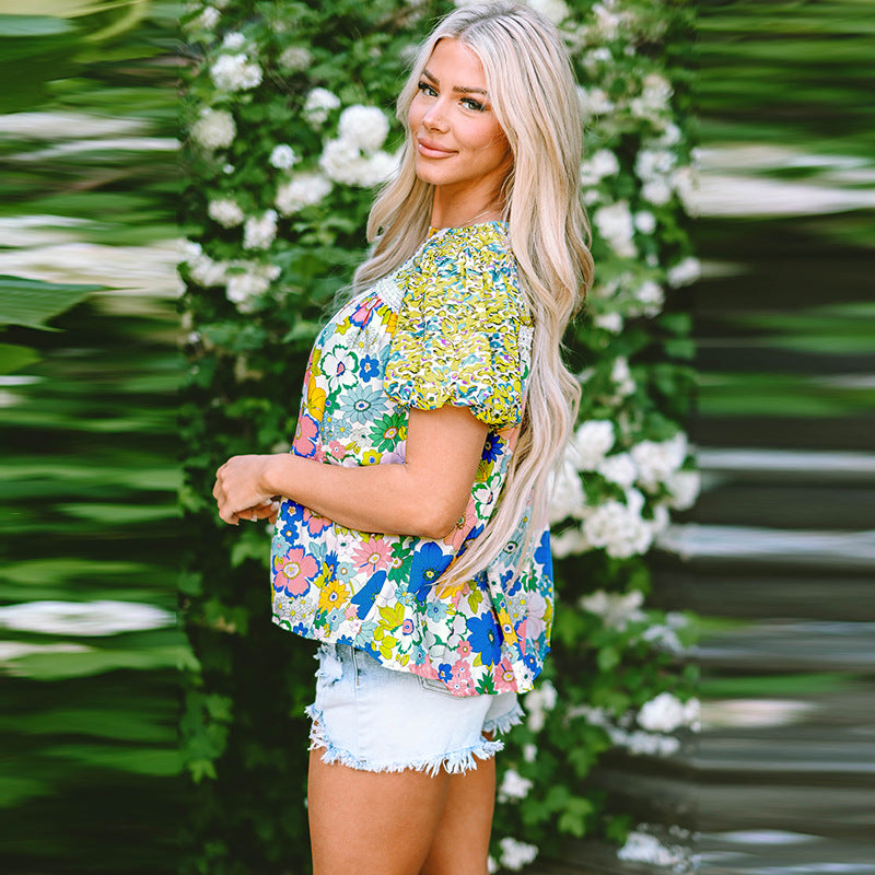 Jersey de primavera y verano con mangas abullonadas, Top fino para mujer, camisa de gasa multicolor, ropa para mujer