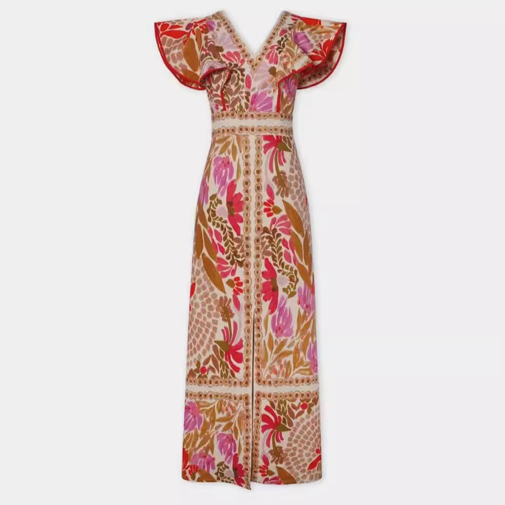 Robe dos nu florale à positionnement fendu et volant à col en V