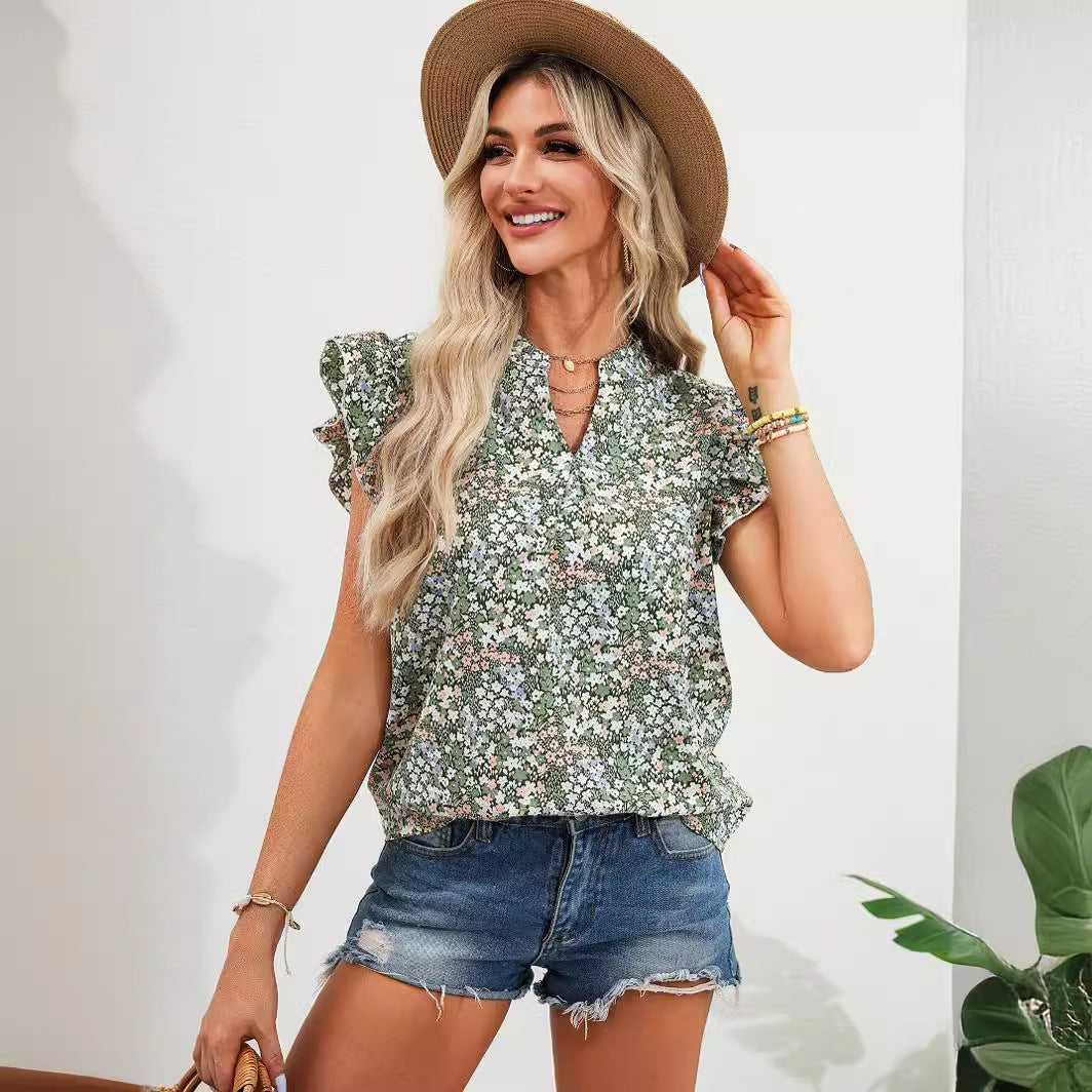 Early Autumn Women Shirt Ruffled Fresh Sweet Floral Short Sleeve Top