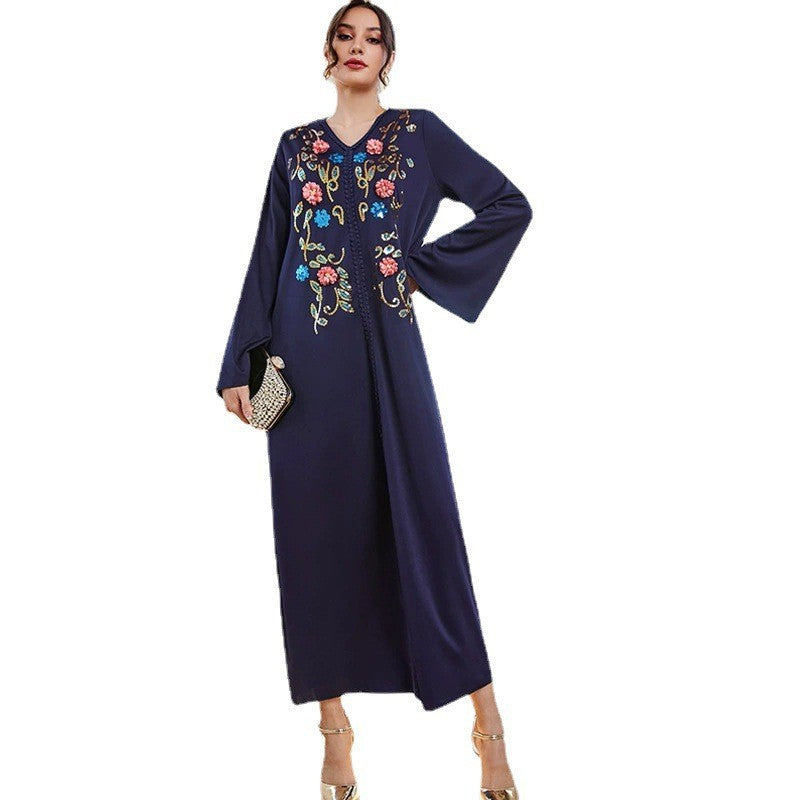 Autumn Blue Robe Dress Abaya V neck Embroidery Dress Robe