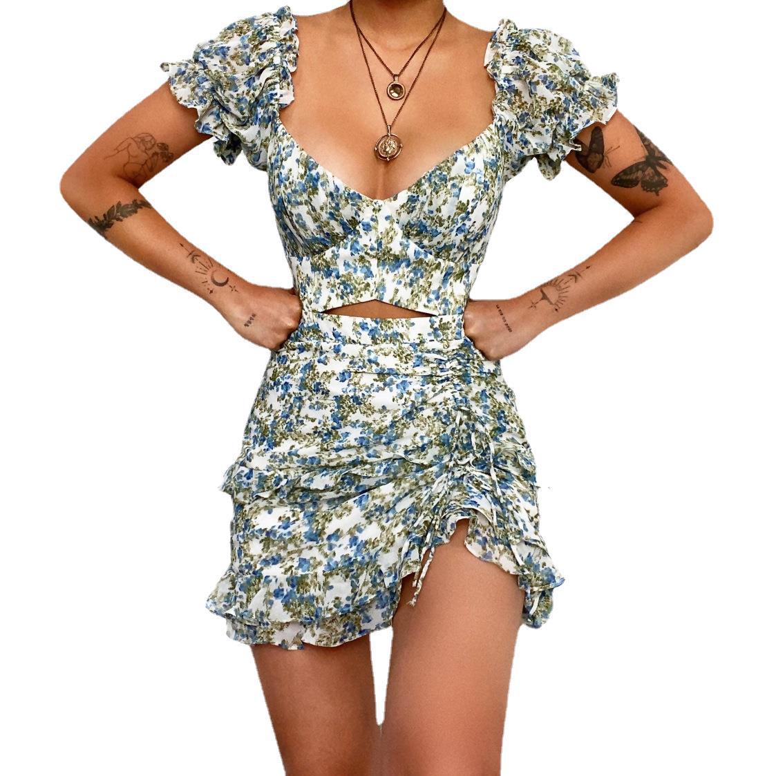 Robe asymétrique irrégulière à volants et coutures sexy à col en V et à fleurs d'été