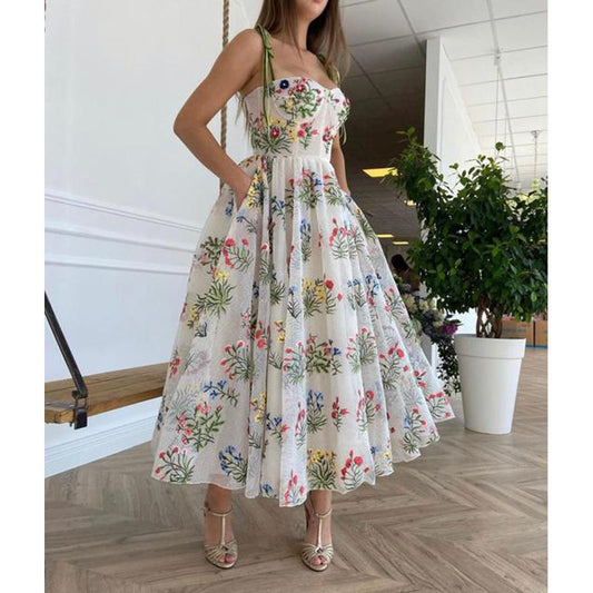 Vestido de mujer con cintura ajustada, vestido camisero bordado sin espalda con tirantes cruzados sexy