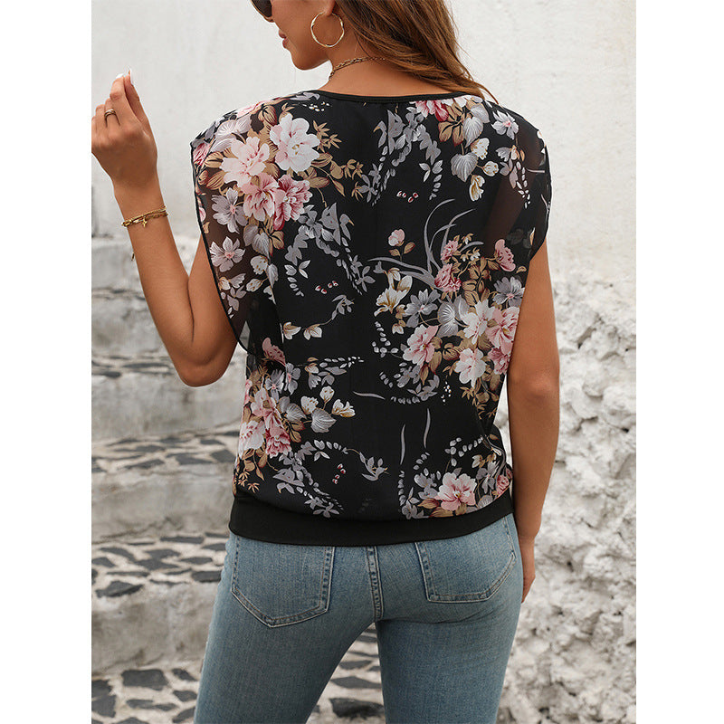 Camiseta de manga corta con cuello redondo y estampado de verano para mujer