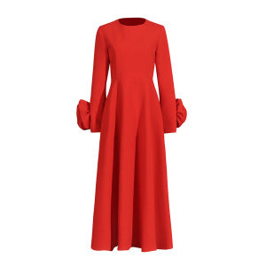 Robe longue élégante à col rond et manches longues pour femme, couleur unie, couture florale tridimensionnelle, automne