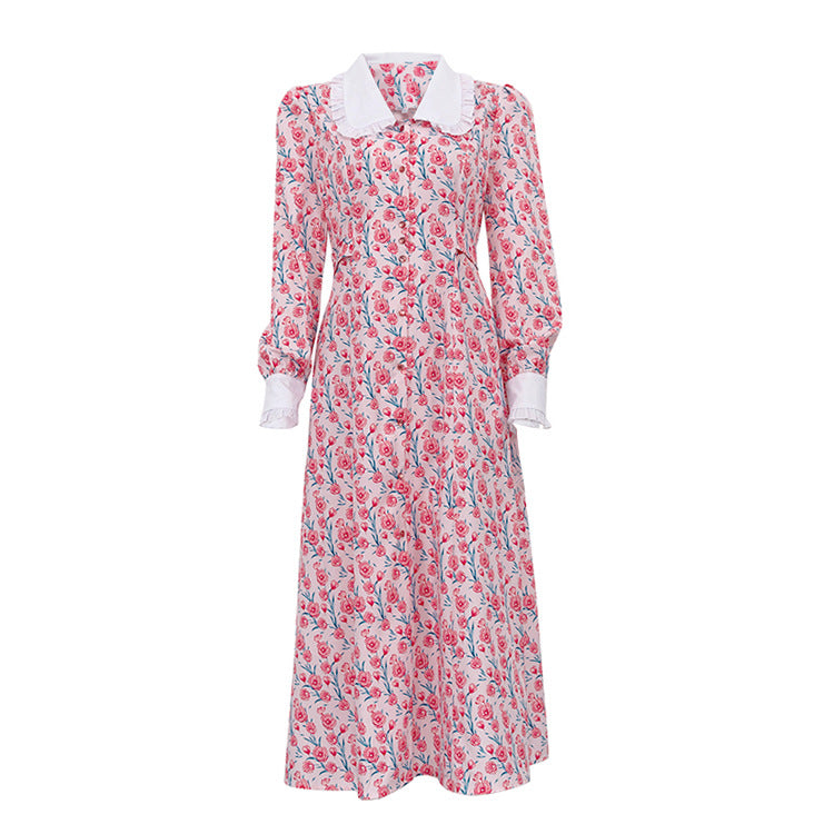 Early Spring Dignified Sense of Design Printed Maxi Dress Doll Collar Waist Slimming Long Sleeve Dress