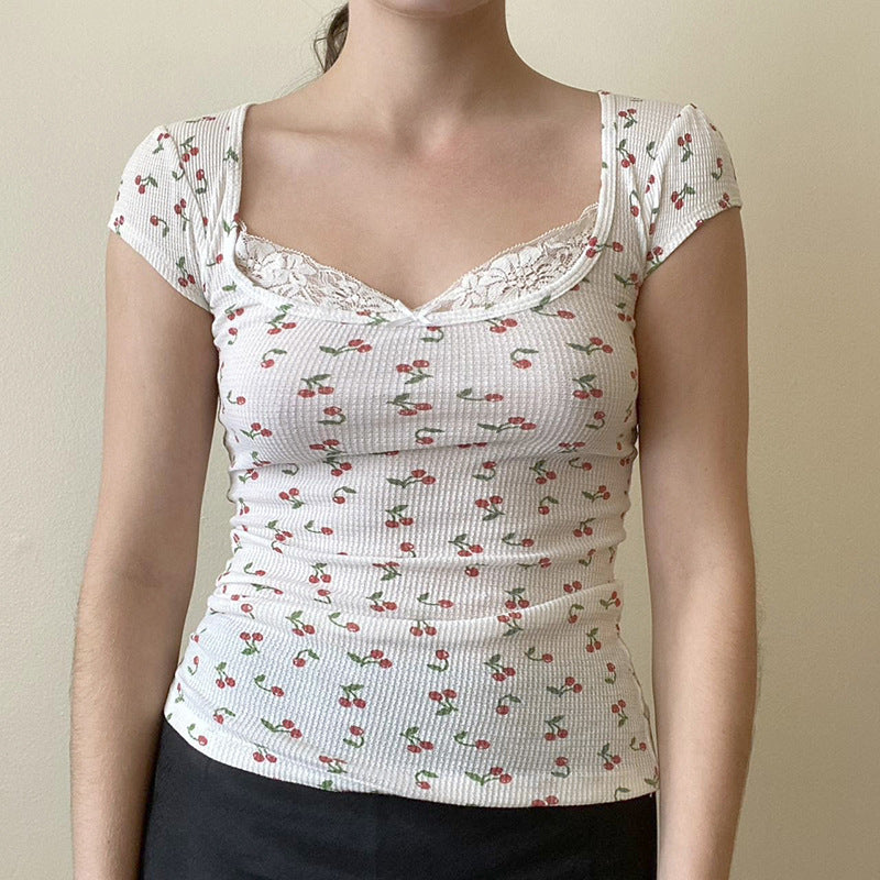 T-shirt d'été à col carré avec coutures en dentelle florale de cerisier pastorale mignonne pour fille, haut à manches courtes coupe ajustée